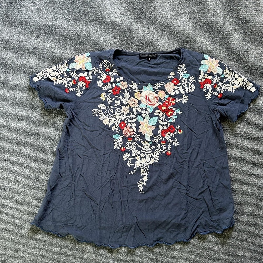 Skies Are Blue Blouse Womens Small Blue Embroidered Floral Boho Short Sleeve